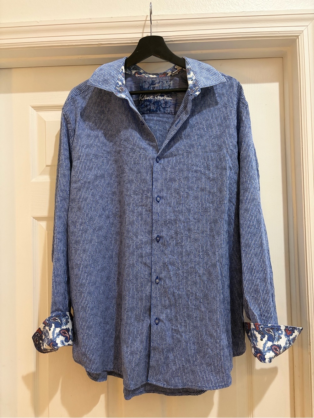 Robert Graham Blue Micro-Striped Long Sleeve Button-Down Shirt with Paisley Trim